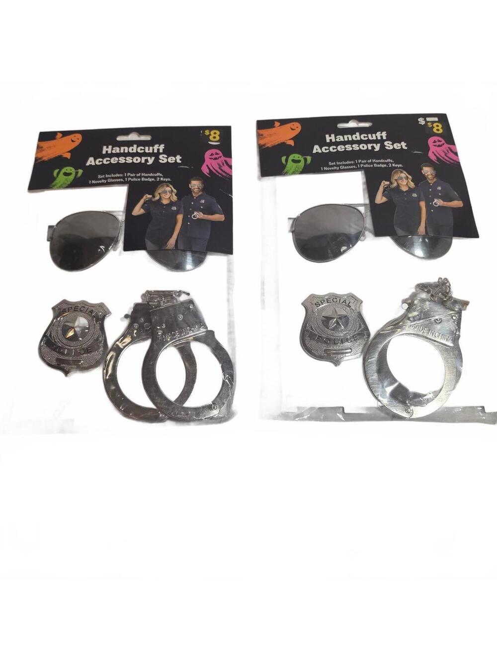 Handcuff Accessory Set with Badge and Novelty Glasses - Silver and Black, New
